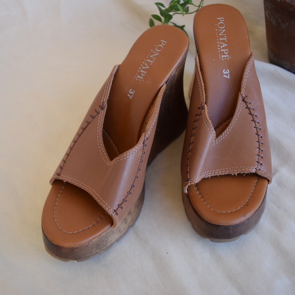 Sz 37 VTG Leather platform wooden heels